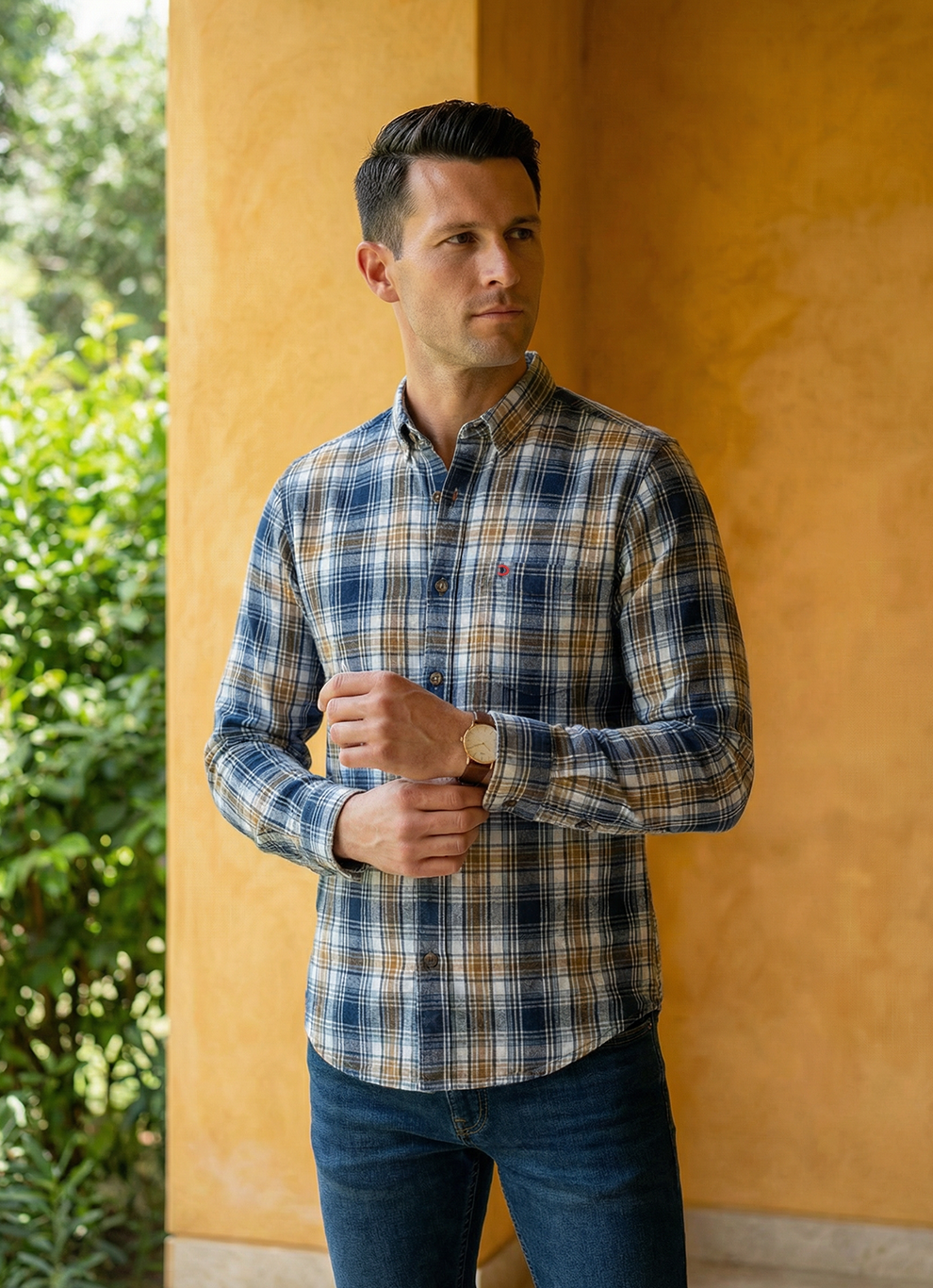 Olive Indigo Seersucker Checks Cotton Slim Fit Full Sleeve Shirt