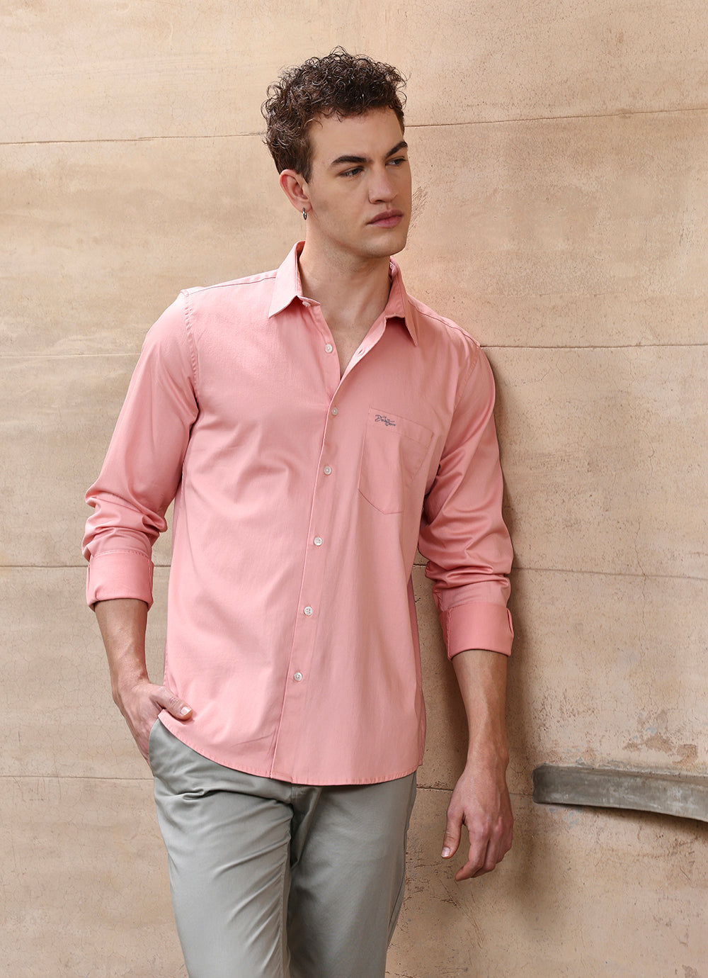 Peach Solids Cotton Satin Slim Fit Shirt