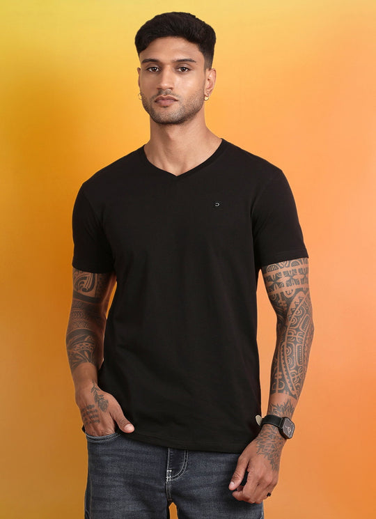 Black Solid V-neck