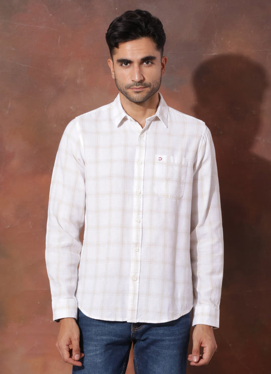 White and beige checked Linen Slim Fit Shirt with Single Patch Pocket