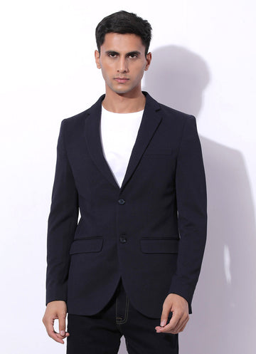 Navy Slim Solid Knitted Casual Blazer