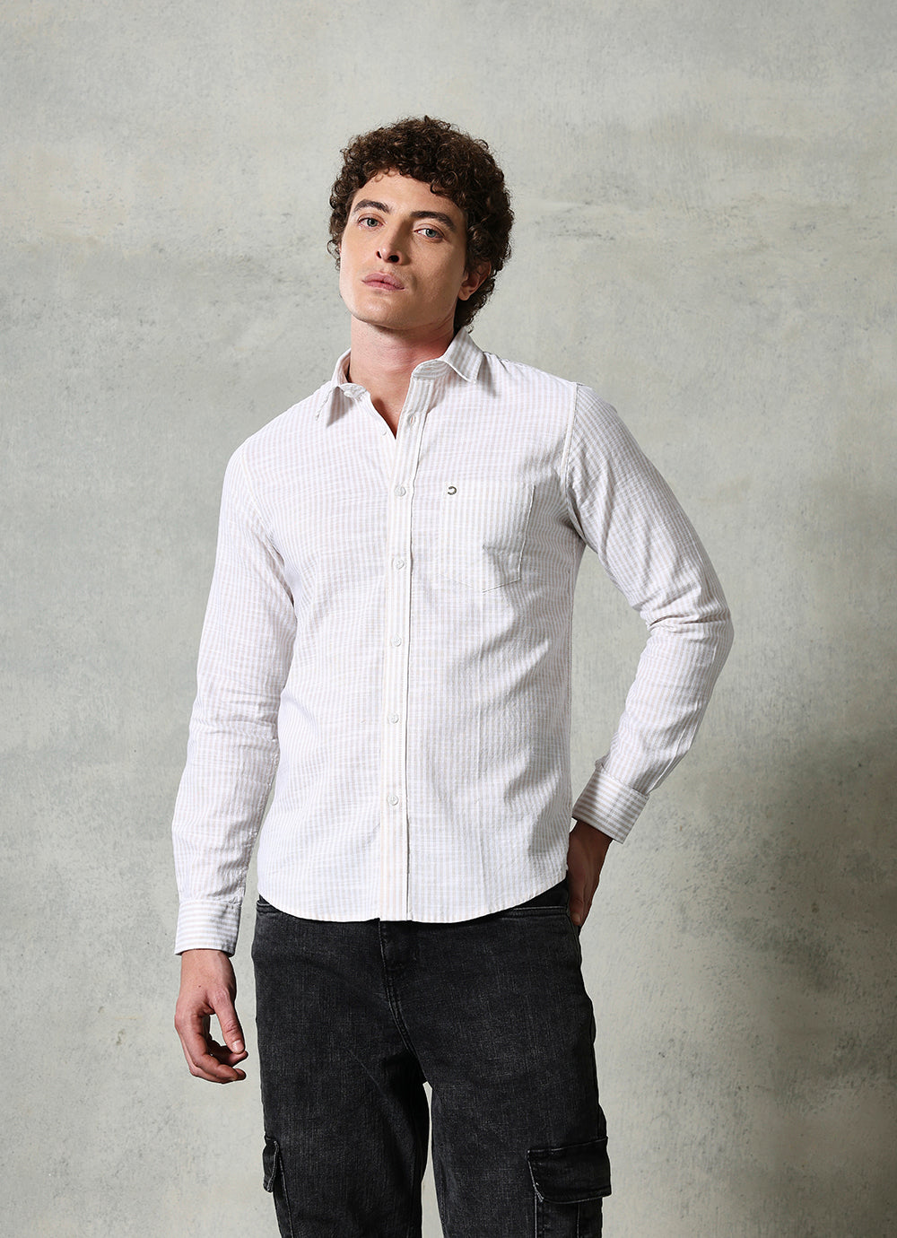 Khaki Stripes Cotton Slim Fit Shirt