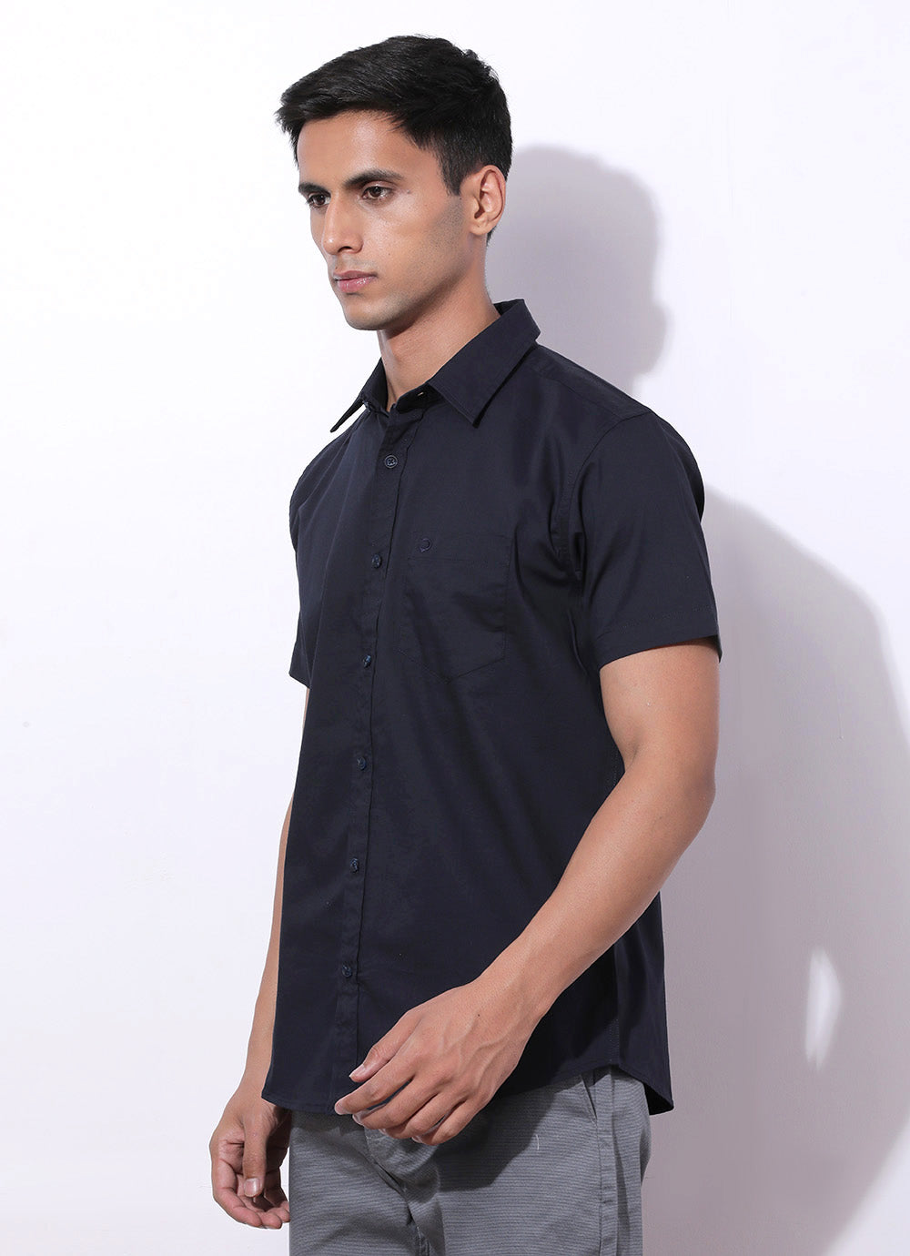 Navy Solid  Cotton slim Fit Shirt with Single Patch Pocket