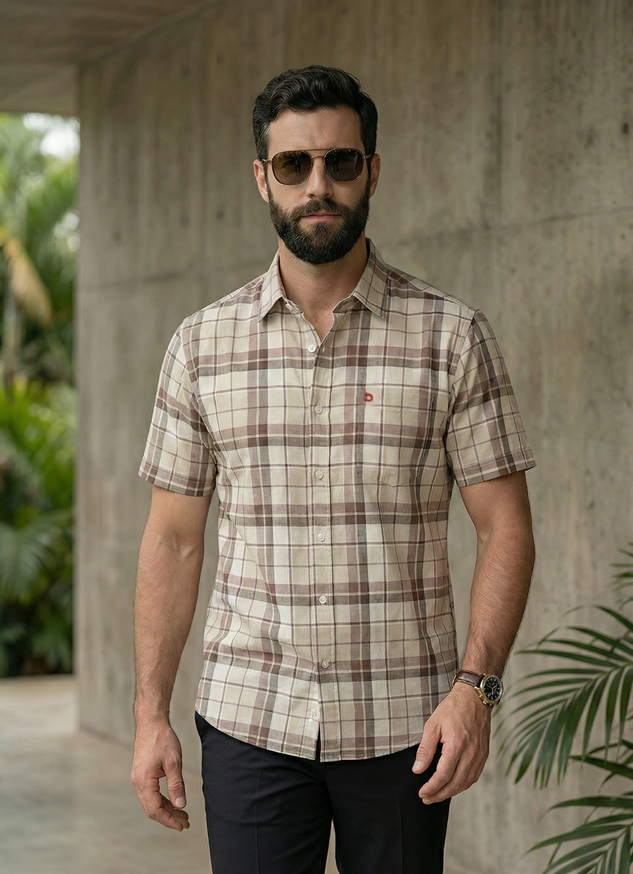 Beige Cotton Checks Slim Fit Half Sleeve Shirt