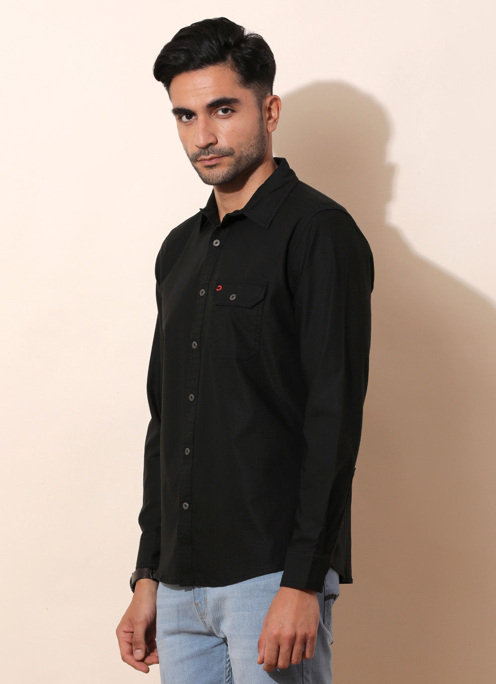 Black Denim Solid Slim Fit Shirt with Single Patch Pocket