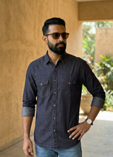 Indigo Cross Hatch Denim Cotton Slim Fit Full Sleeve Shirt