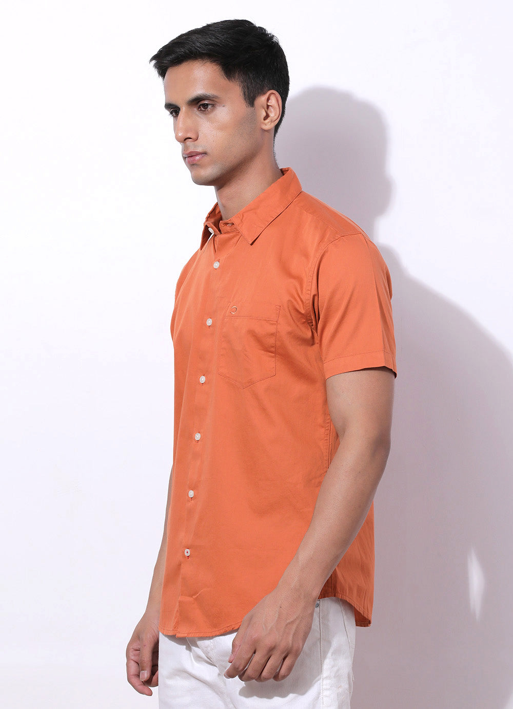 Orange Cotton Blend Solid Slim Fit Shirt with Single Patch Pocket