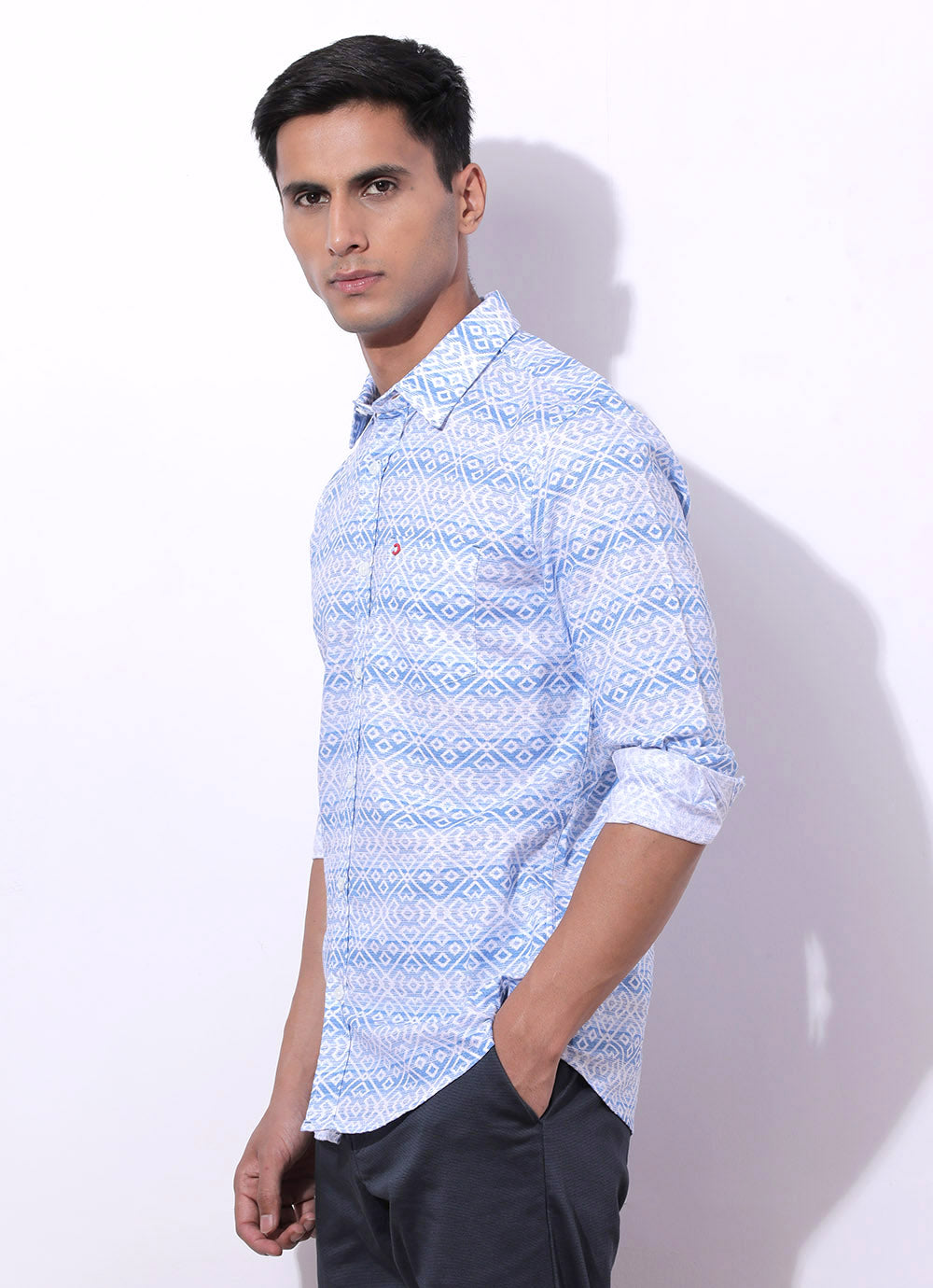 Light Blue Cotton Printed Slim Fit Shirt with Single Patch Pocket