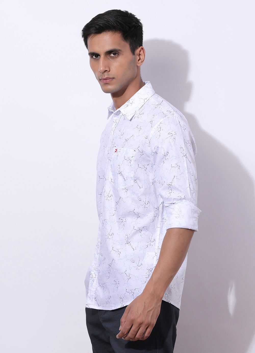 Navy Cotton Printed Slim Fit Shirt with Single Patch Pocket