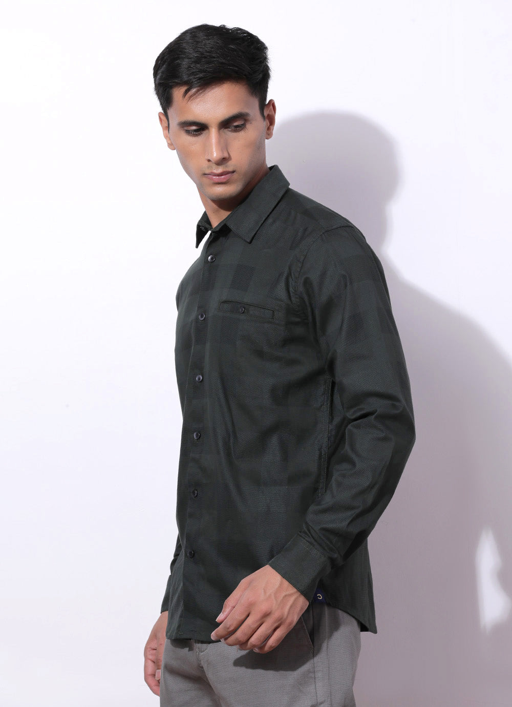 Green Cotton Spandex Checked Slim Fit Shirt with Single Patch Pocket