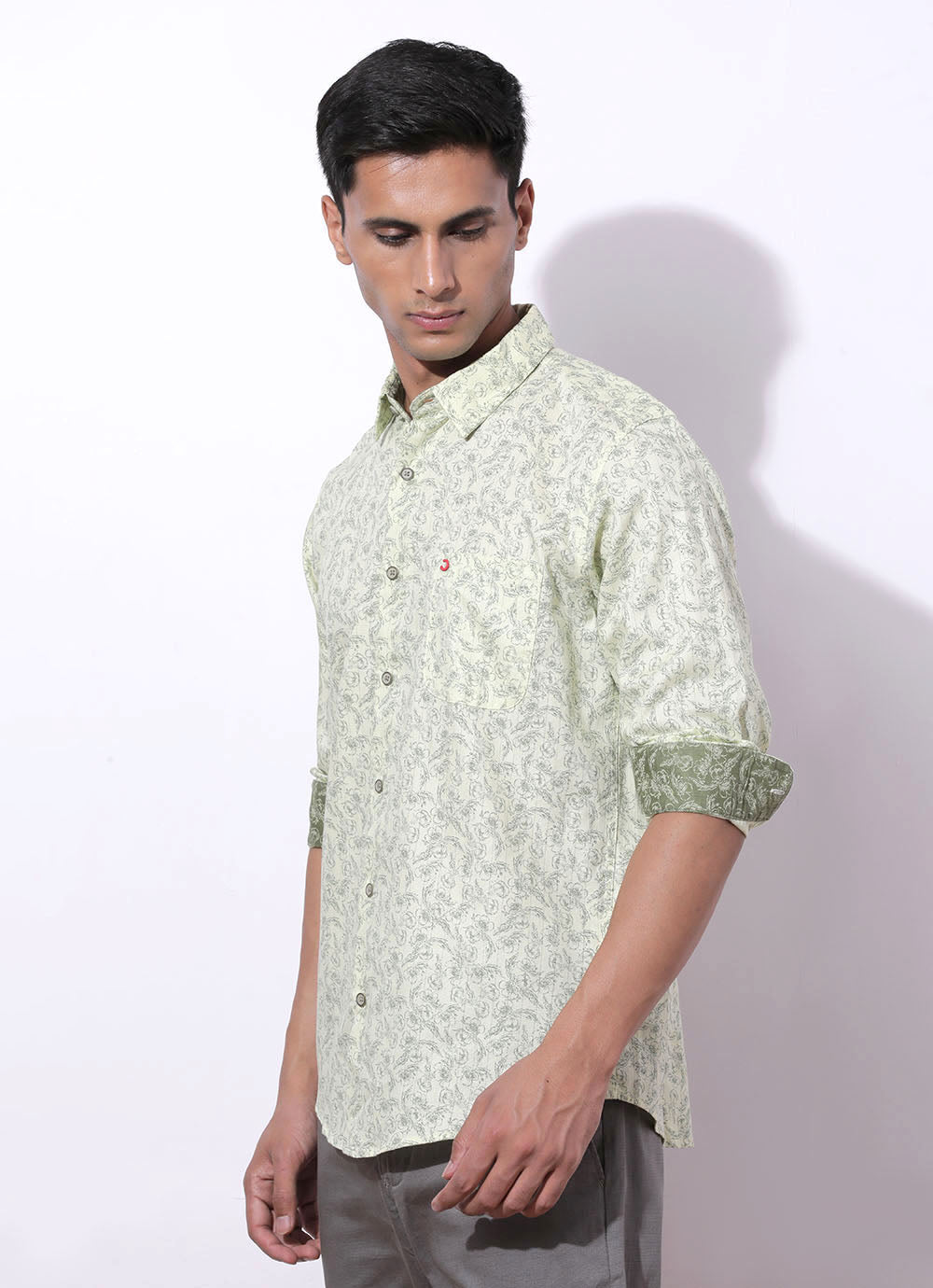 Light Green Cotton Print Slim Fit Shirt with Single Patch Pocket