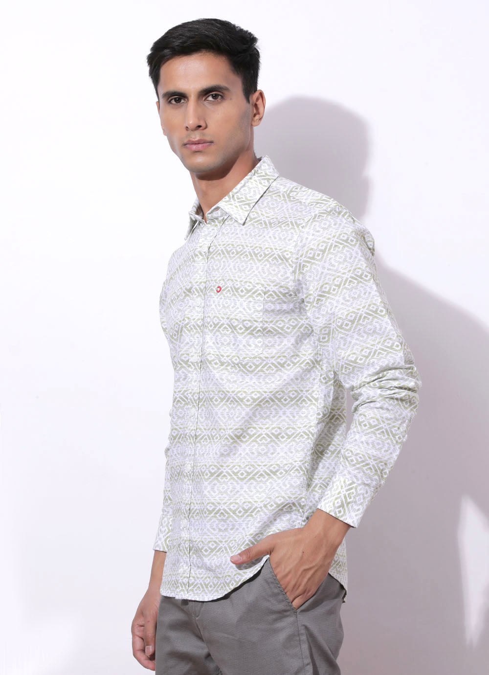 Light Green Cotton Printed Slim Fit Shirt with Single Patch Pocket