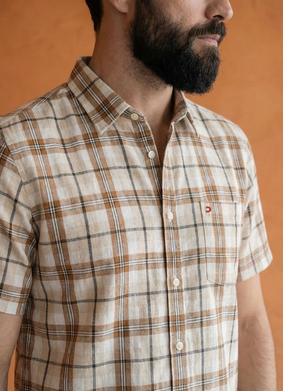 Brown Natural Checks Cotton Slim Fit Half Sleeve Shirt