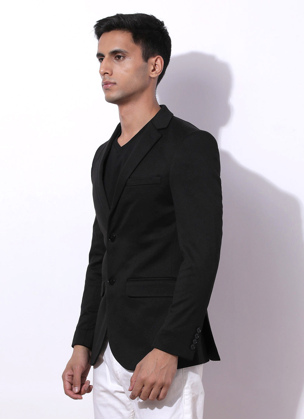 Black Slim Solid Knitted Casual Blazer