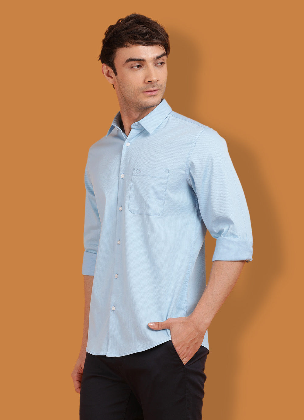 Blue Cotton Solid Slim Fit Shirt with Single Patch Pocket