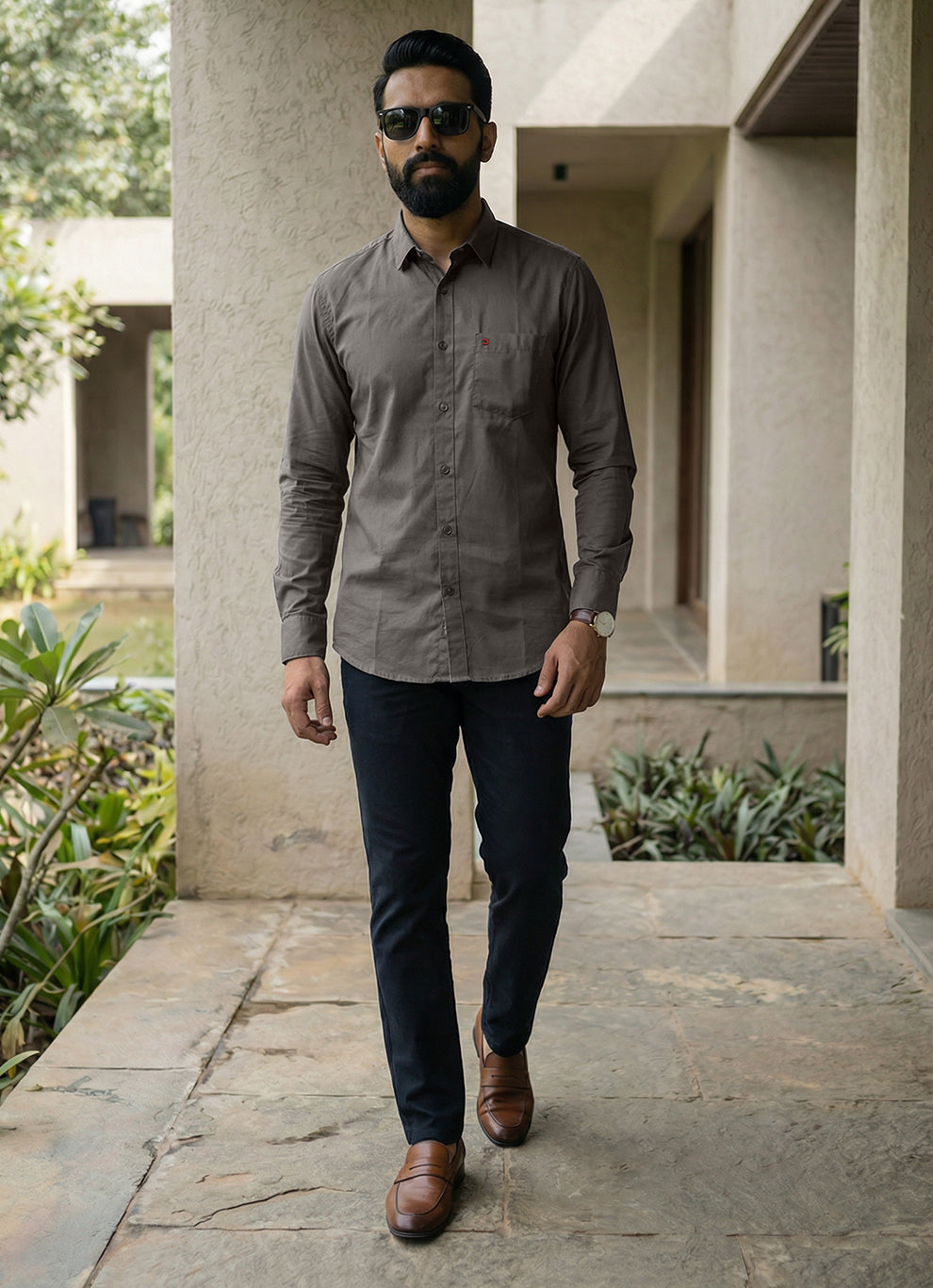 Grey Cotton Satin Print Slim Fit Full Sleeve Shirt