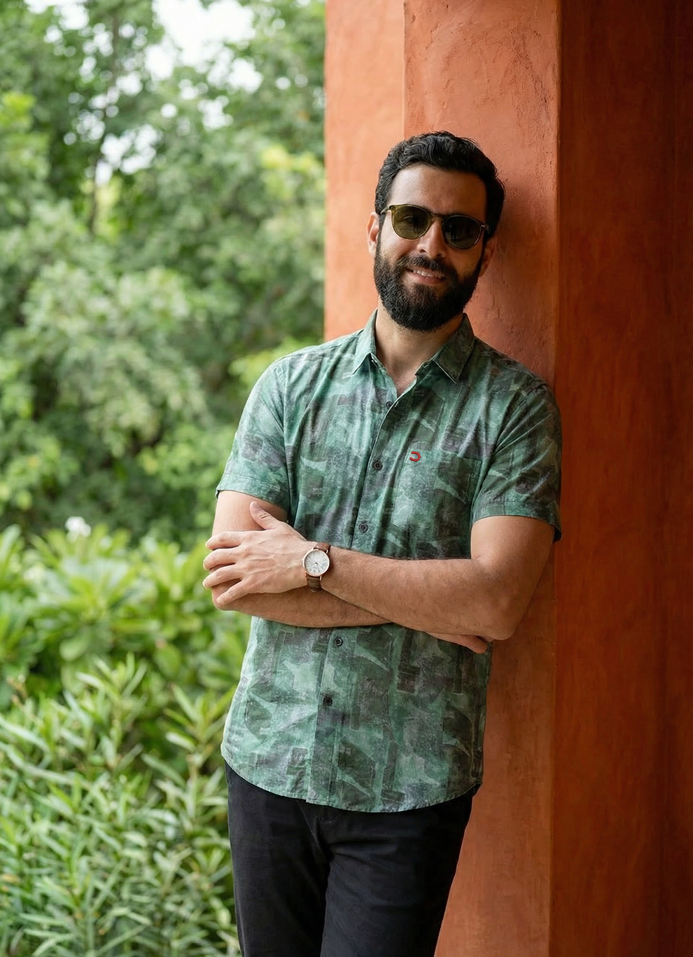 Green Cotton Stripes Slim Fit Half Sleeve Shirt