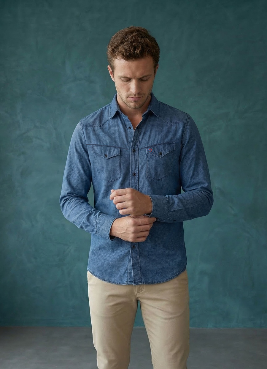 Navy Denim Plain Cotton Slim Fit Full Sleeve Shirt