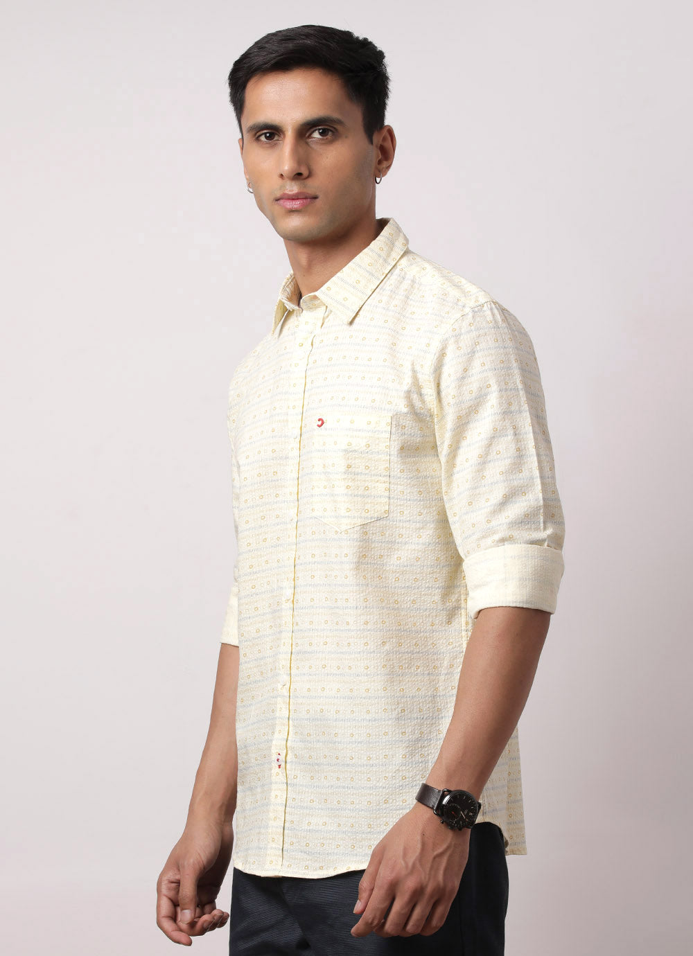 Yellow Cotton Printed Slim Fit Shirt with Single Patch Pocket