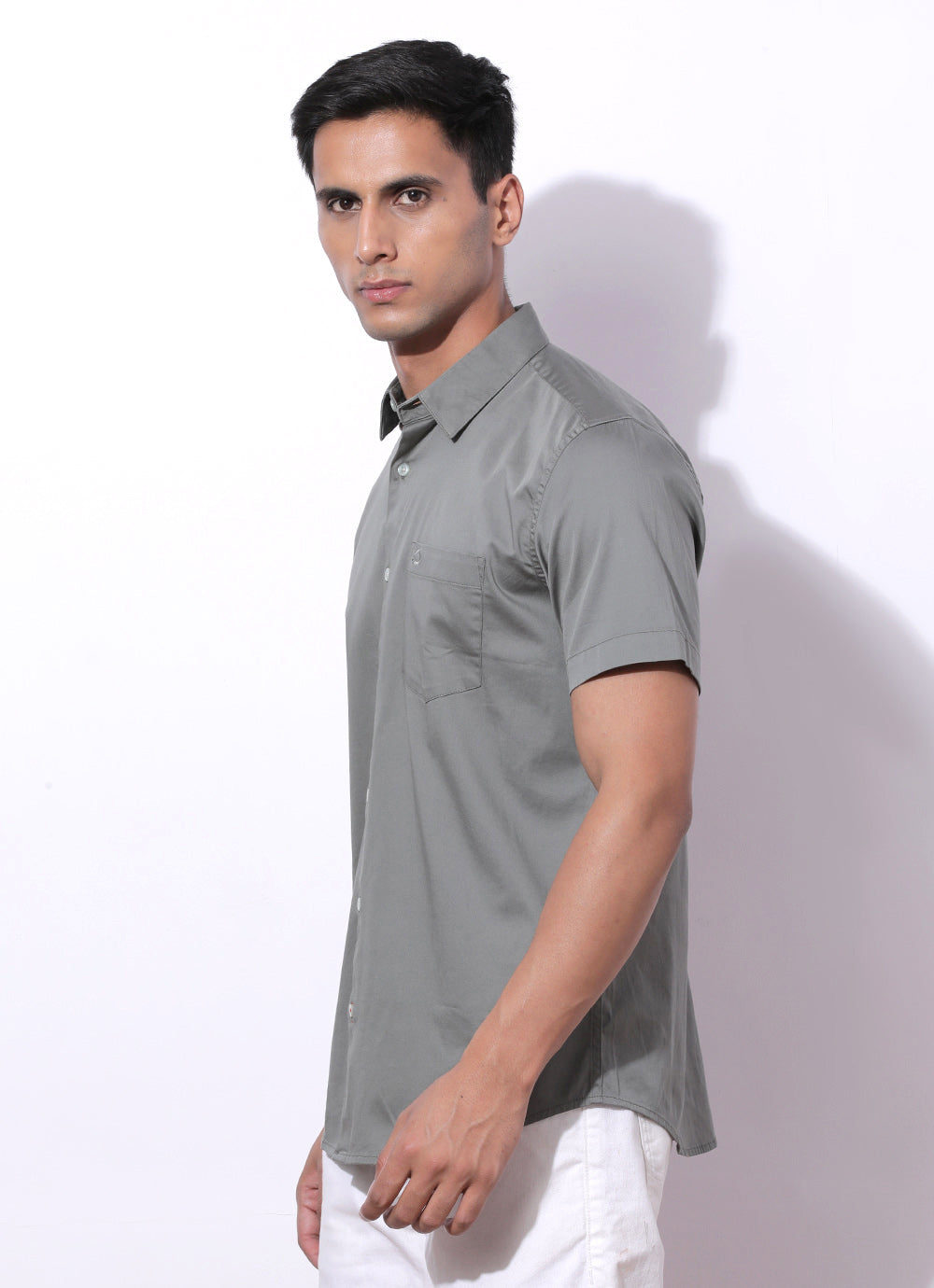 Subtle Olive - Slim Fit Cotton Shirt With Single Patch Pocket