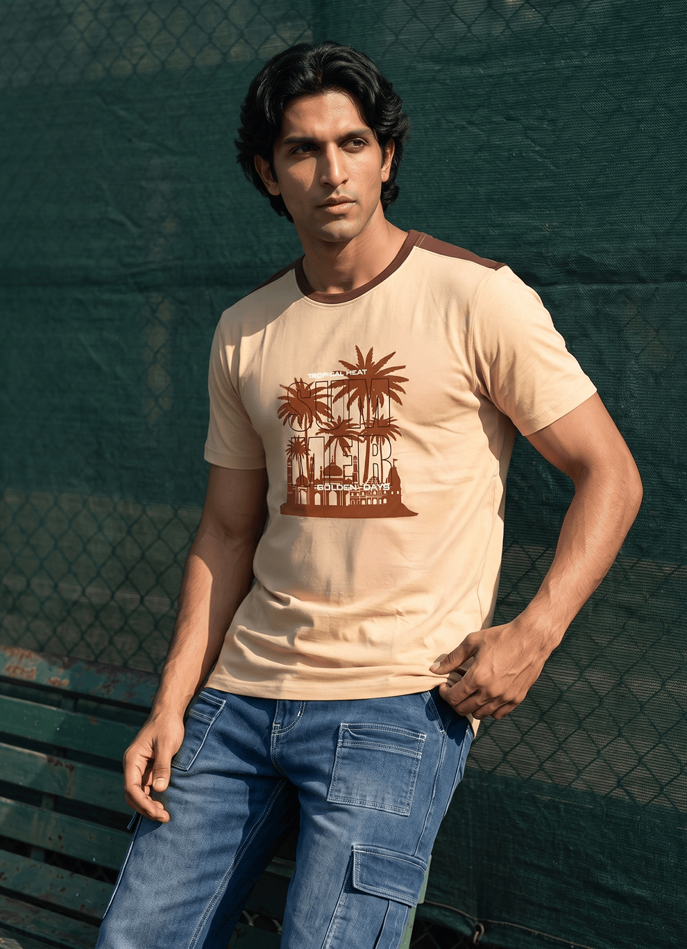Khaki Golden Days Print Cotton Regular Fit Tshirt