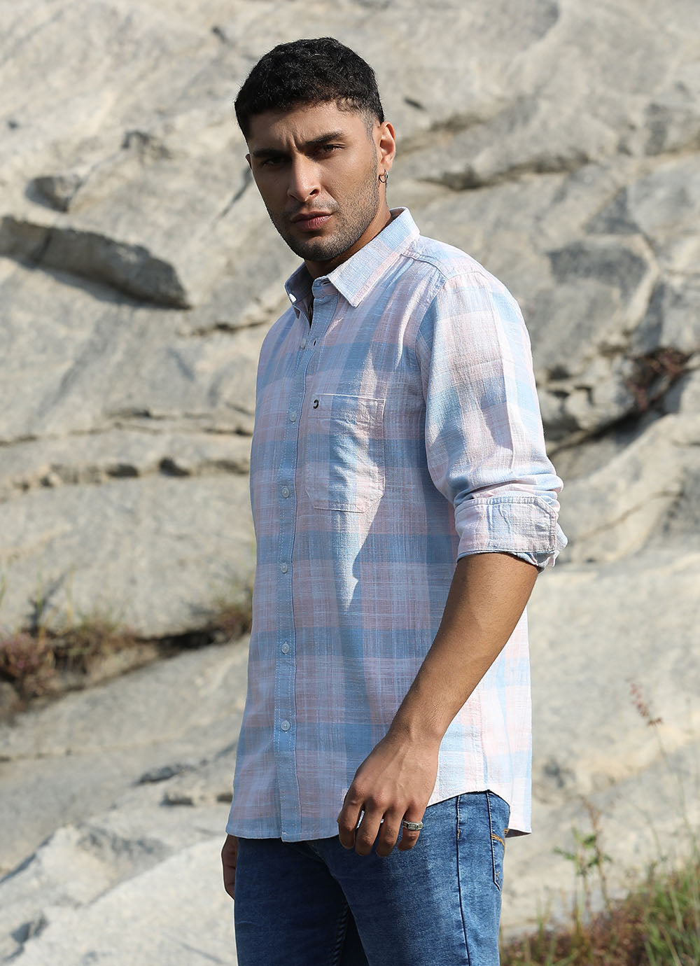 Blue Linen Checkered