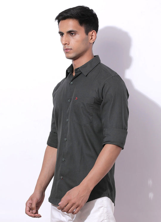 Olive Cotton Solid Slim Fit Shirt with Single Patch Pocket