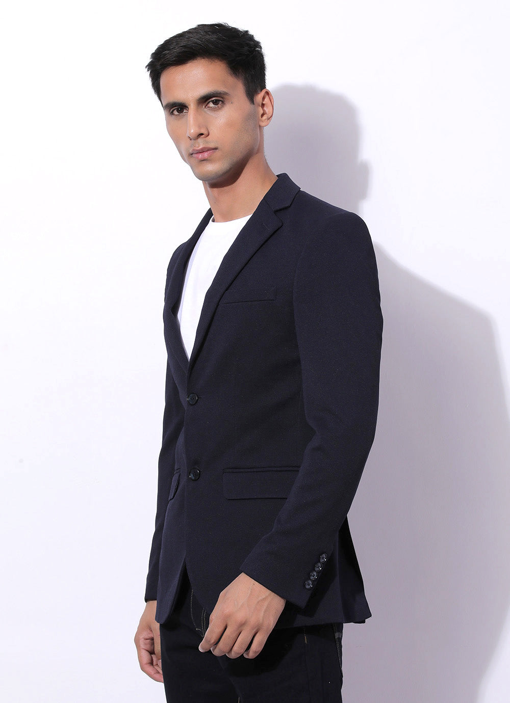 Navy Slim Solid Knitted Casual Blazer