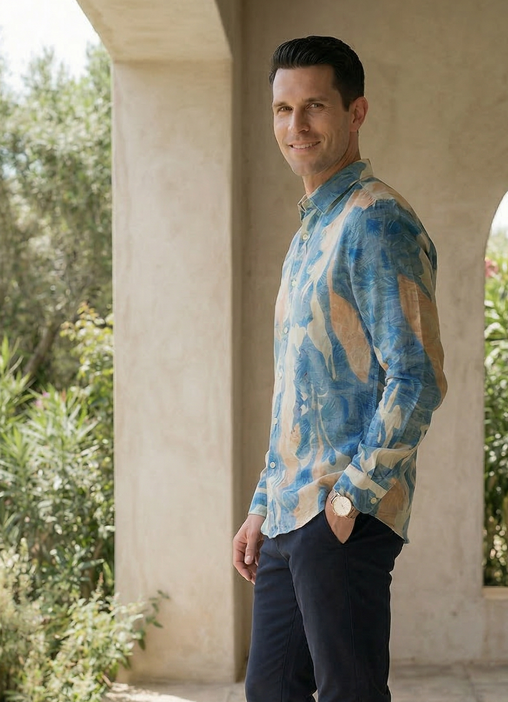 Coral Seersucker Print Cotton Slim Fit Half Sleeve Shirt