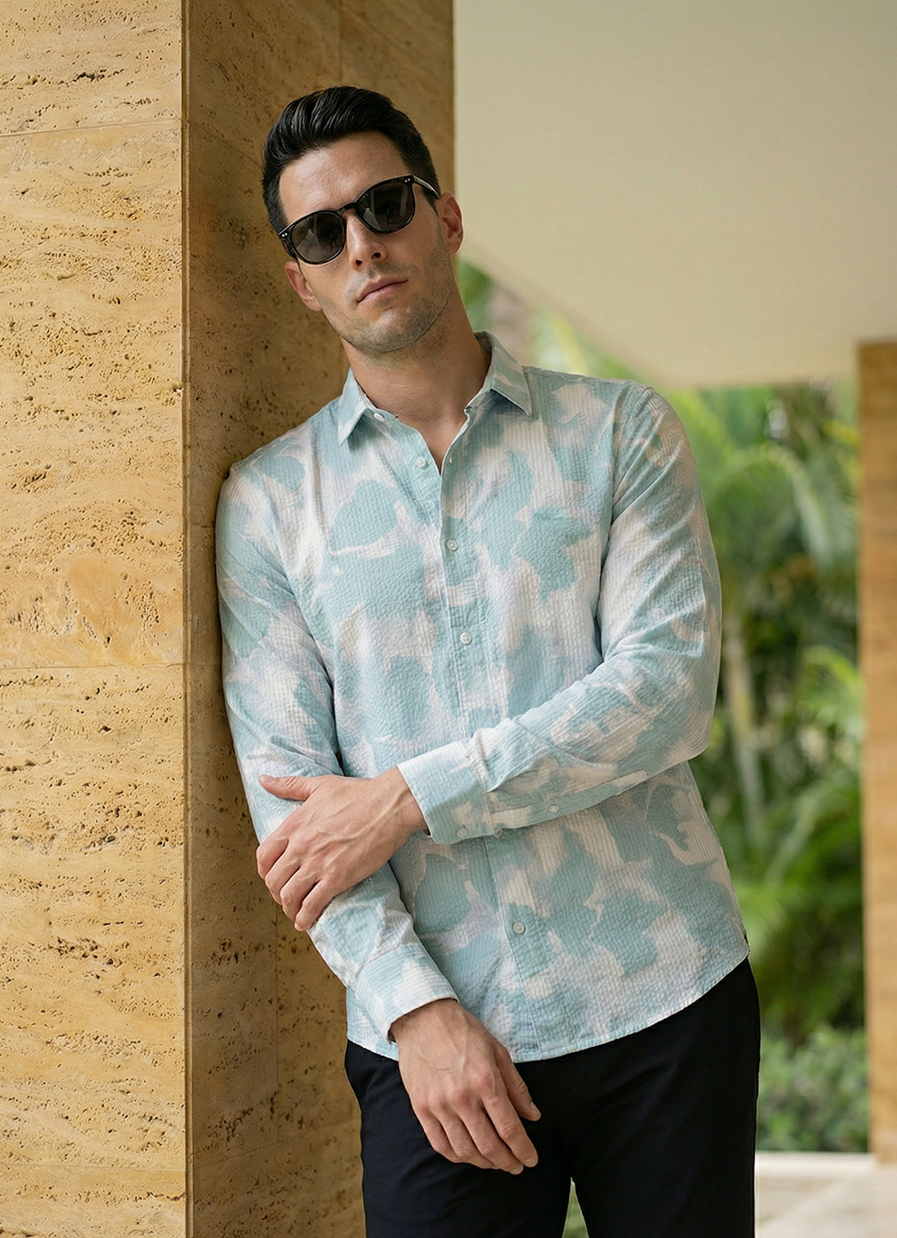 Green Seersucker Print Cotton Slim Fit Full Sleeve Shirt