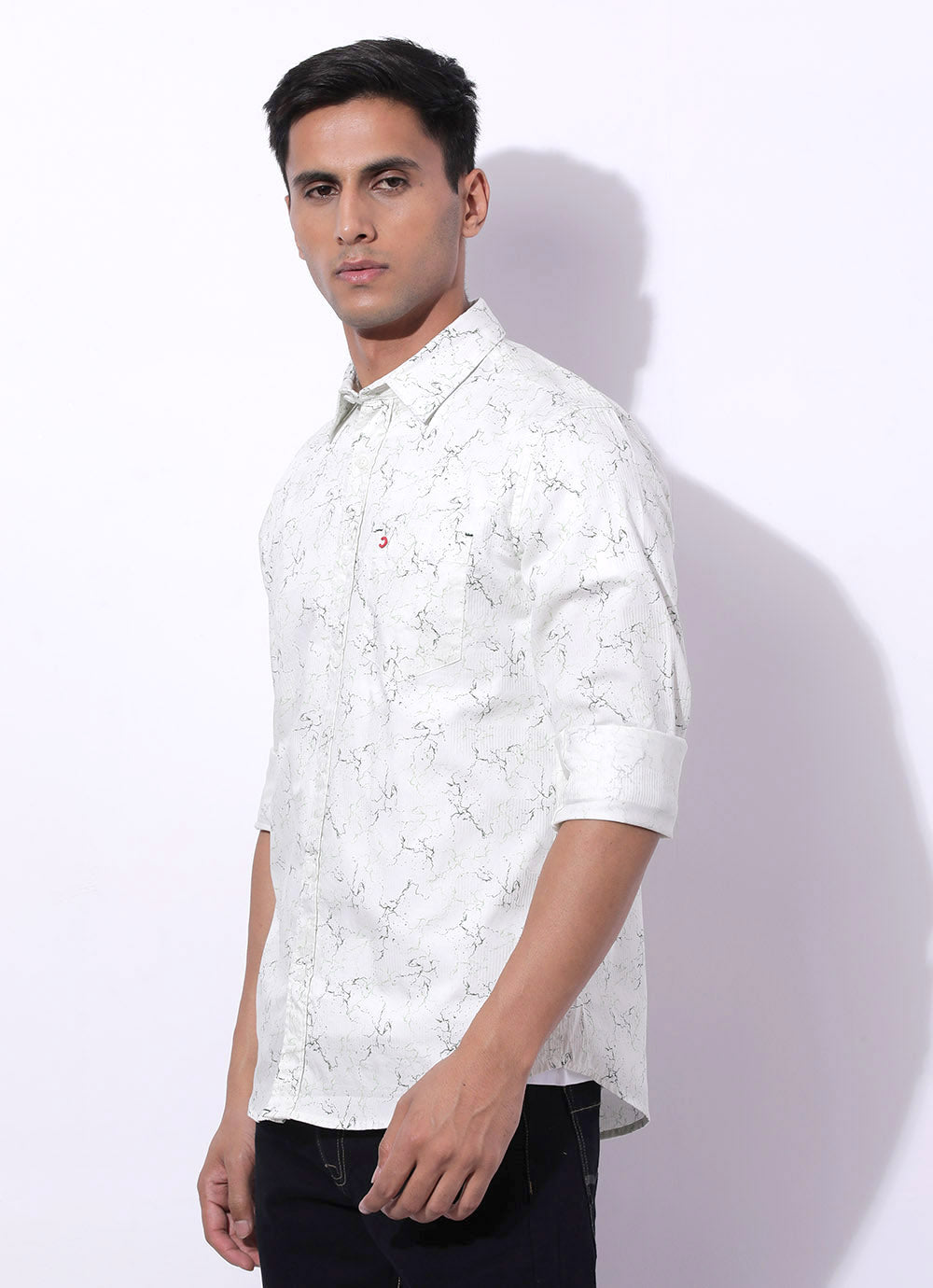 Olive Cotton Printed Slim Fit Shirt with Single Patch Pocket