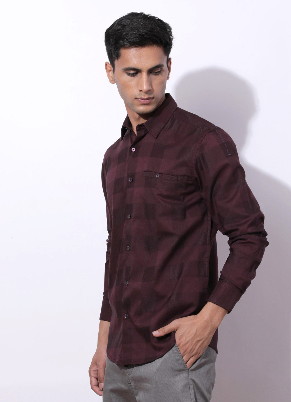 Maroon Cotton Spandex Checked Slim Fit Shirt with Single Patch Pocket