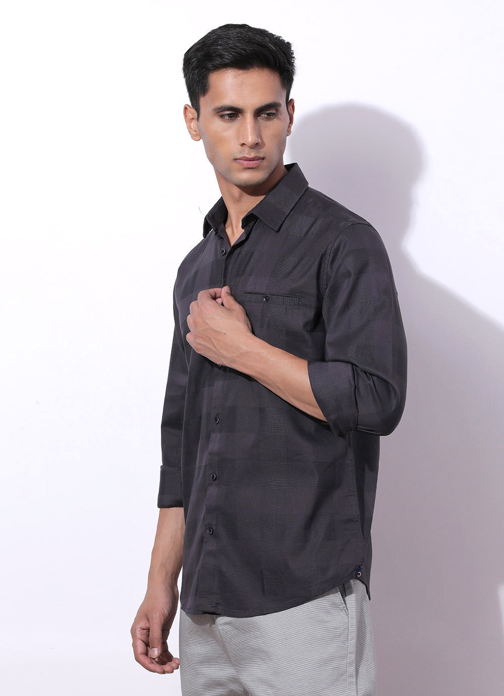 Grey Cotton Spandex Checked Slim Fit Shirt with Single Patch Pocket