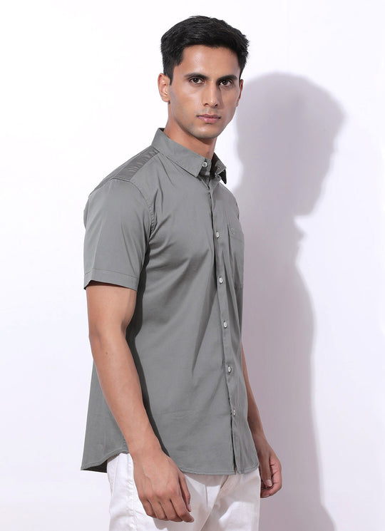 Subtle Olive - Slim Fit Cotton Shirt With Single Patch Pocket