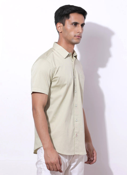 Mint Cotton Blend Solid Slim Fit Shirt with Single Patch Pocket