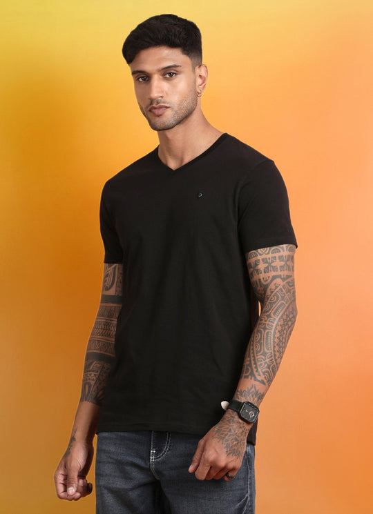 Black Solid V-neck