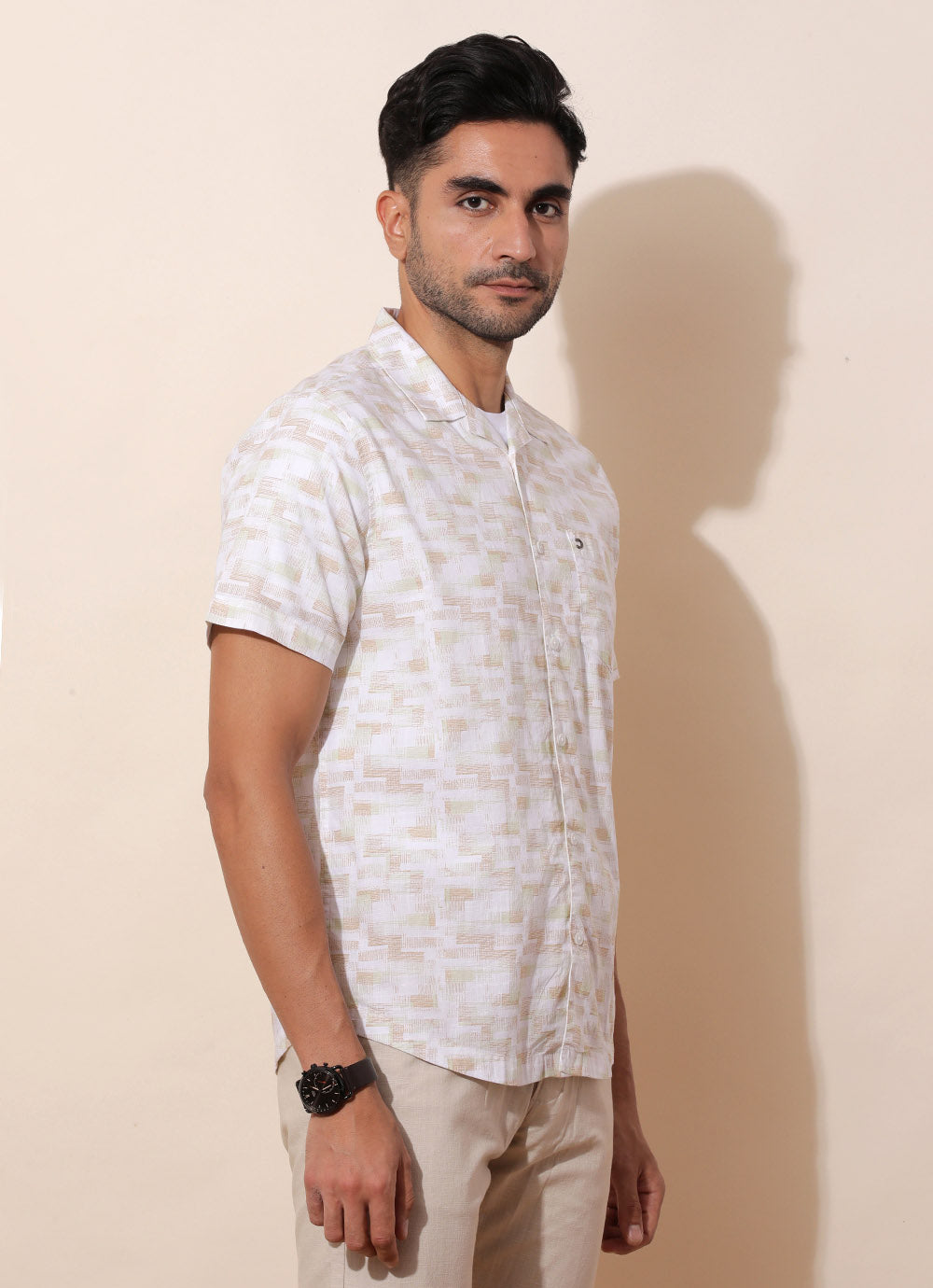 Yellow Print Cotton Slim Fit Shirt