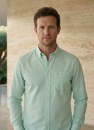 Green Cotton Seersucker Checks Slim Fit Full Sleeve Shirt