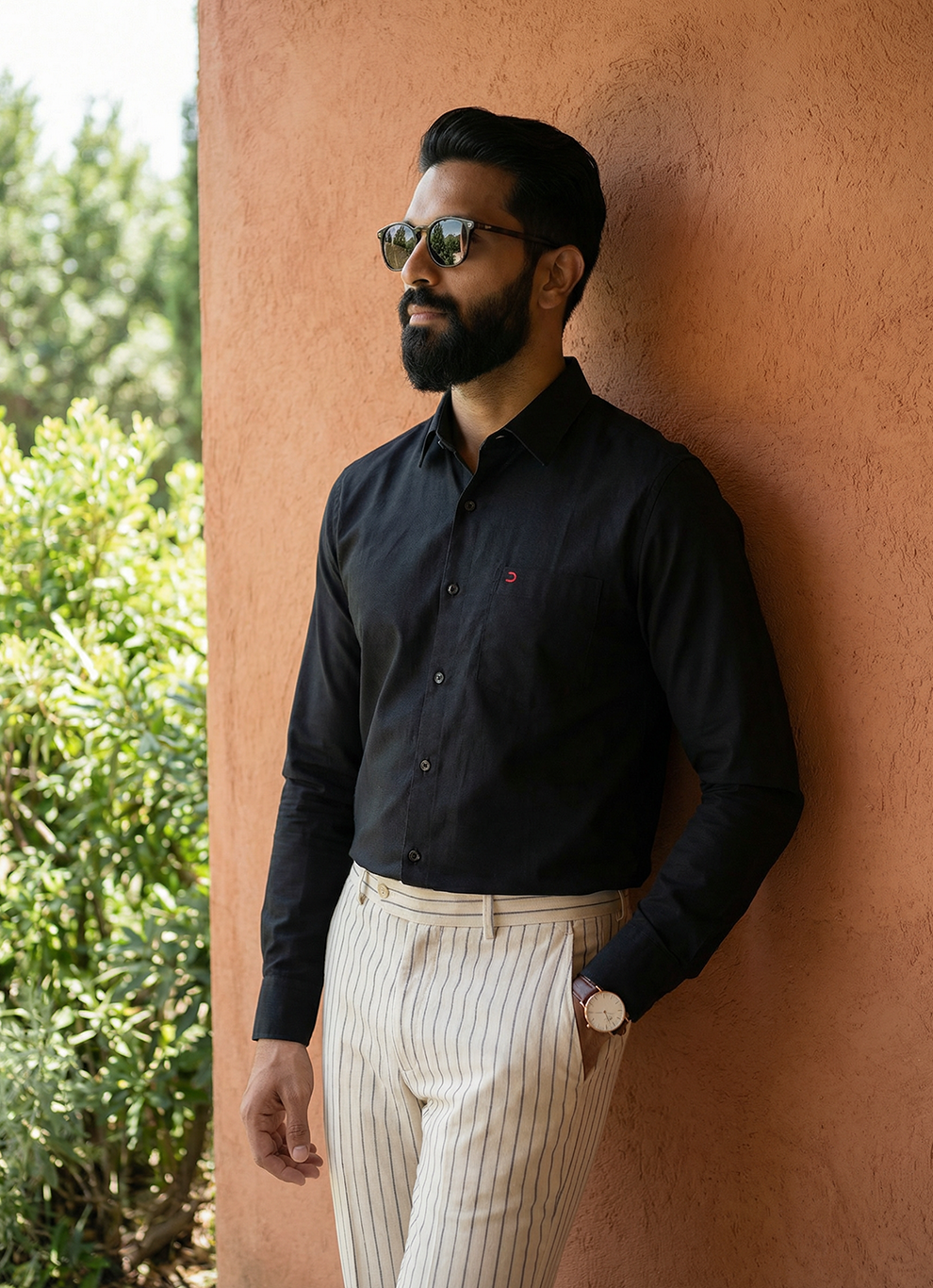 Dark Black Cotton Print Slim Fit Full Sleeve Shirt