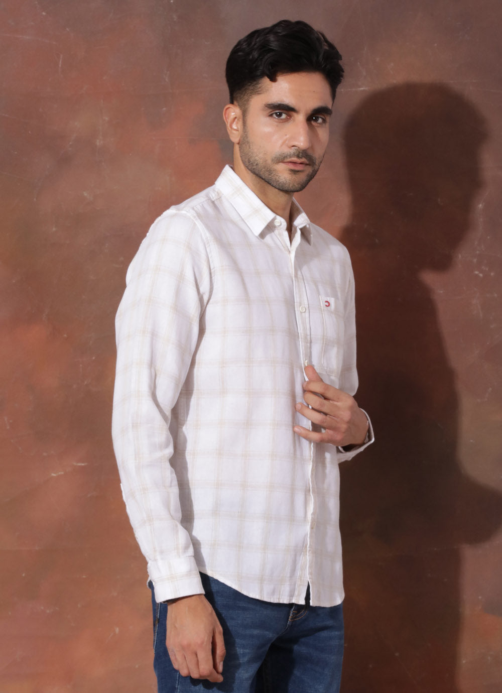 White and beige checked Linen Slim Fit Shirt with Single Patch Pocket