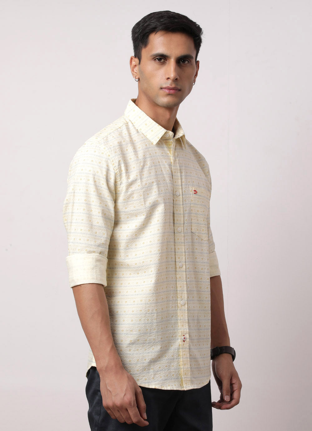 Yellow Cotton Printed Slim Fit Shirt with Single Patch Pocket