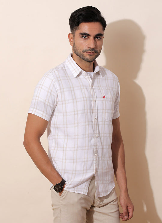 White Cotton Linen Checked Slim Fit Shirt with Single Patch Pocket