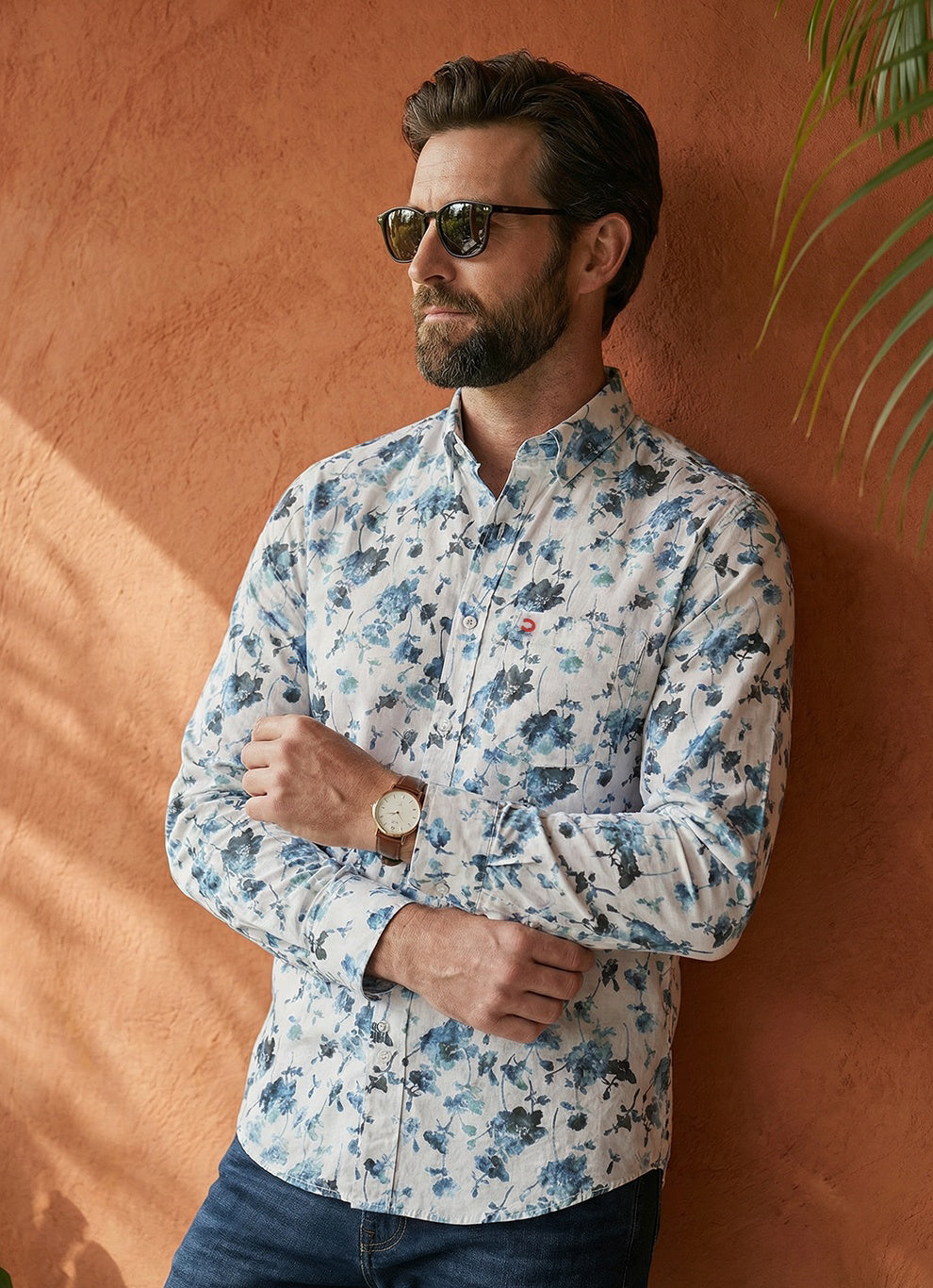 Blue Polyester Print Slim Fit Full Sleeve Shirt