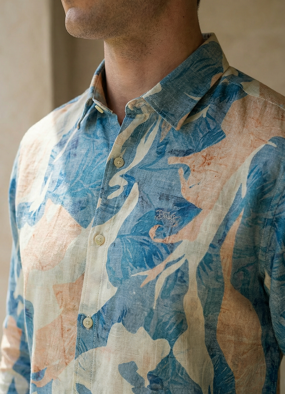 Coral Seersucker Print Cotton Slim Fit Half Sleeve Shirt