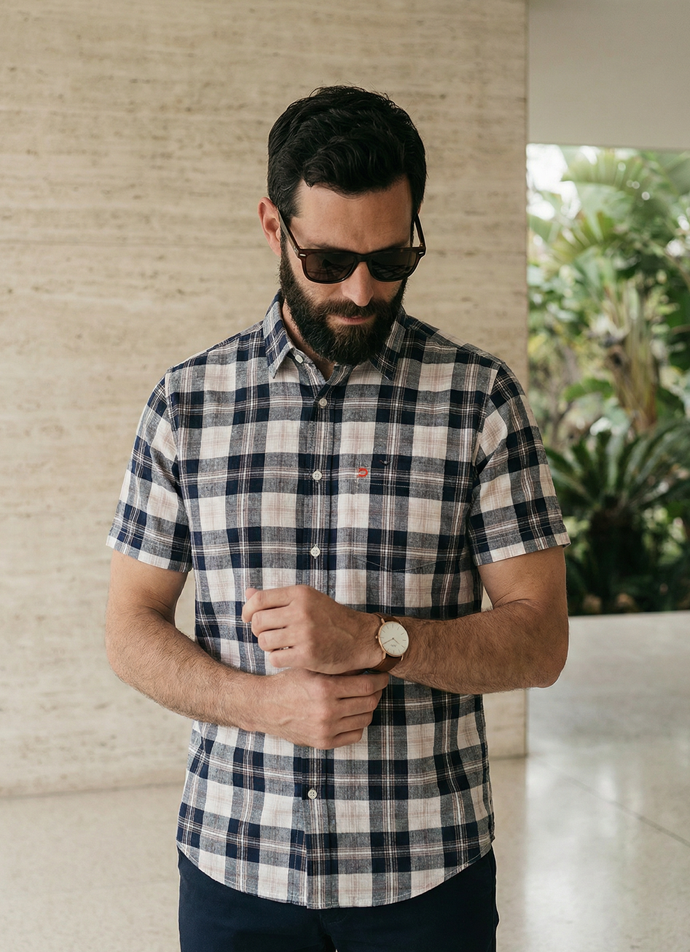 Navy Cotton Dobby Checks Cotton Slim Fit Half Sleeve Shirt