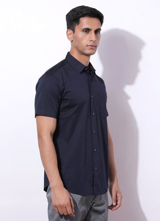 Navy Cotton Blend Solid Slim Fit Shirt with Single Patch Pocket