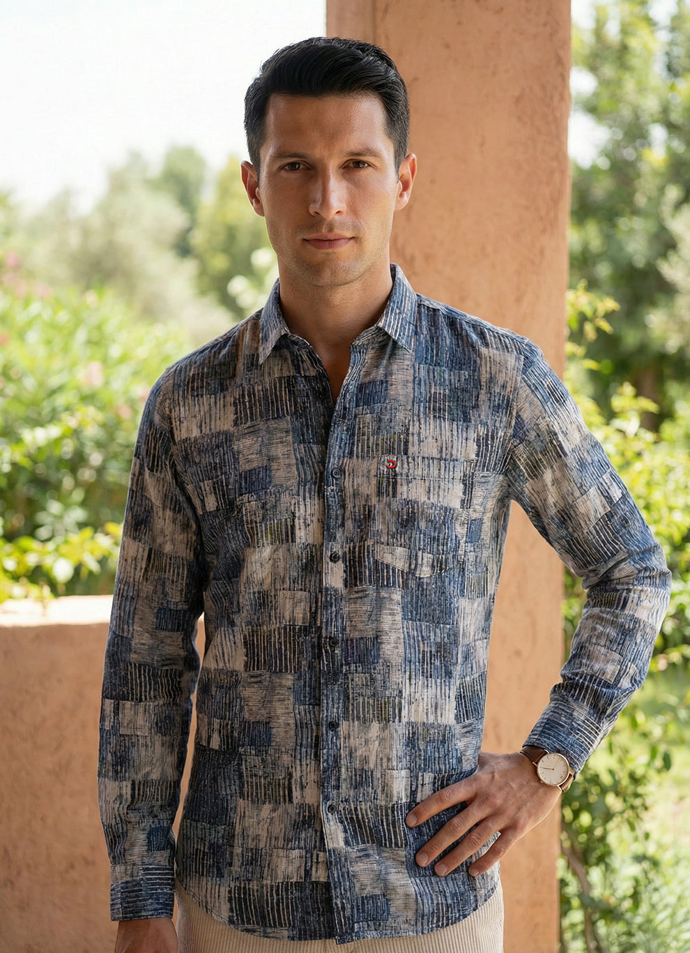 Blue Viscose Print  Slim Fit Full Sleeve Shirt