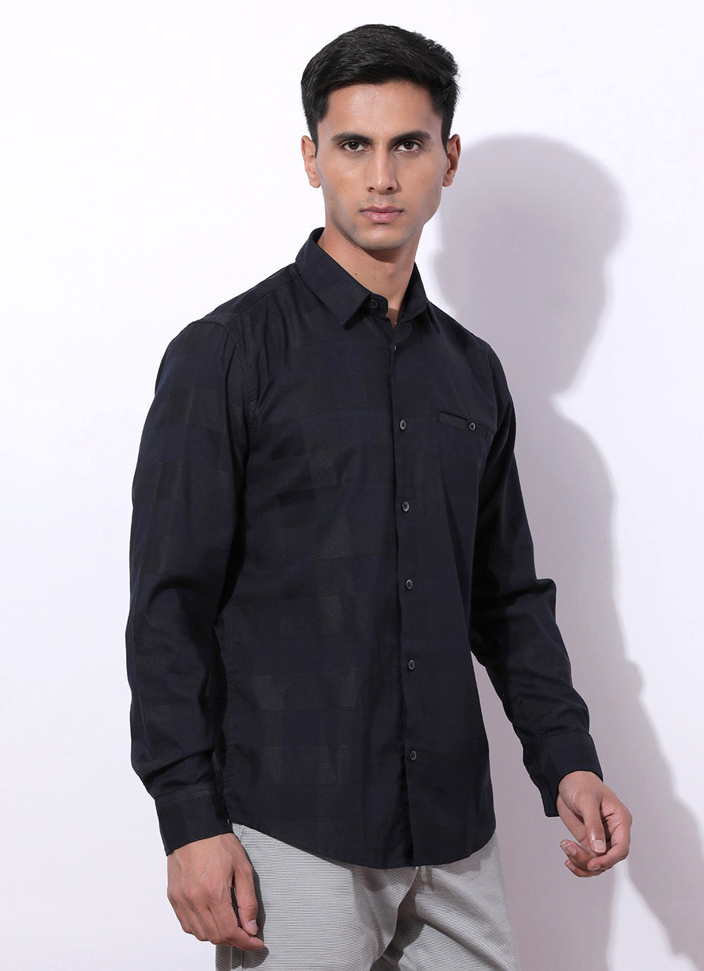 Navy Cotton Spandex Checked Slim Fit Shirt with Single Patch Pocket
