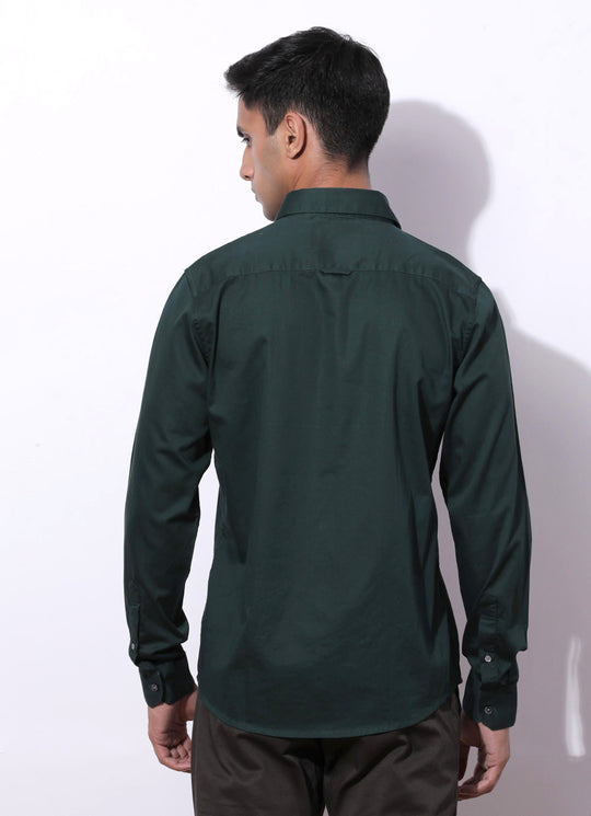 Dark Green Cotton Blend Solid Slim Fit Shirt with Single Patch Pocket