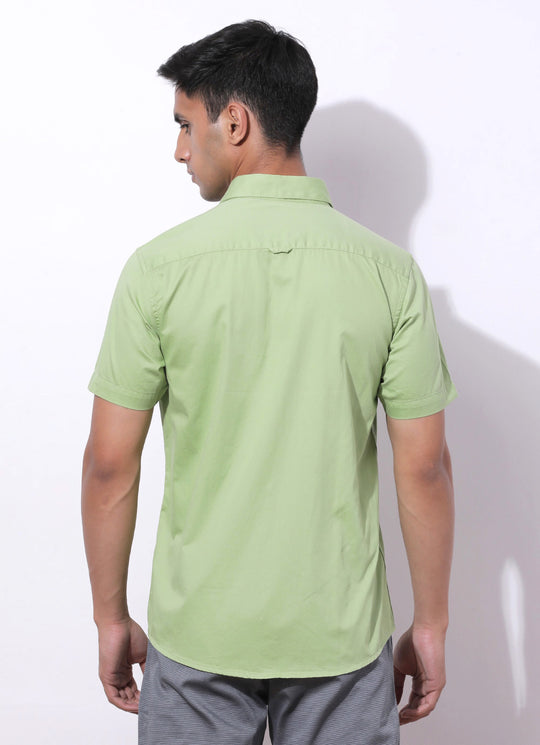 Light Green Cotton Blend Solid Slim Fit Shirt with Single Patch Pocket